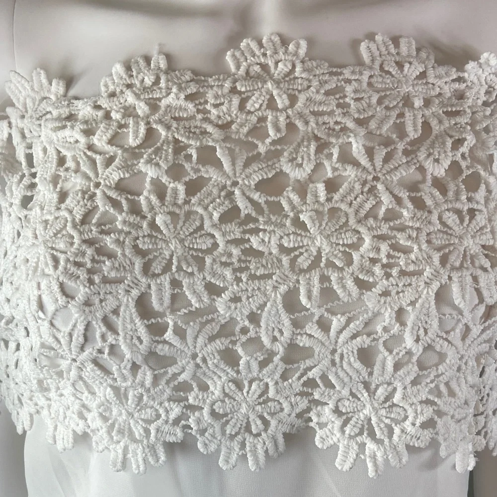 White Boho Bohemian Sheer Chiffon Floral Lace Off-Shoulder Blouse XSmall XS - Picture 4 of 8